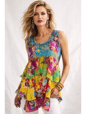 Mix Print Floral Tiered Sleeveless Top Faith L 100% Viscose Boho Artsy Hippie